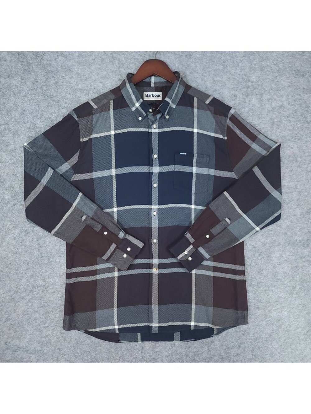 Barbour Dunoon Tailored Tartan Plaid Shirt Large Navy Brown Button Down Twill